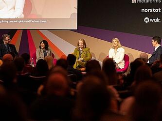 keynote panel session at MRS Conference 2026, Eliot Higgins, Elaine Rodrigo, Deborah Mattinson, Kelly Beaver, Dex Hunter-Torricke